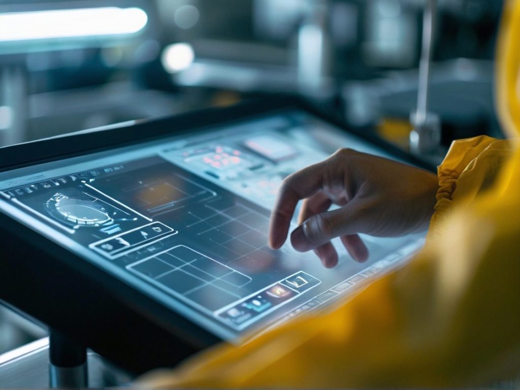 A close-up of an HMI touch screen experiencing technical issues