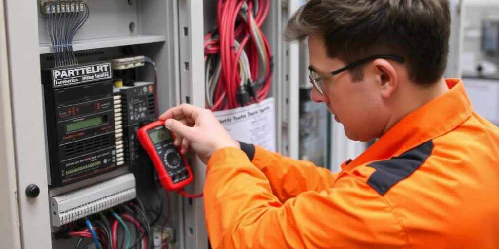 Technician Performing PLC Panel Maintenance