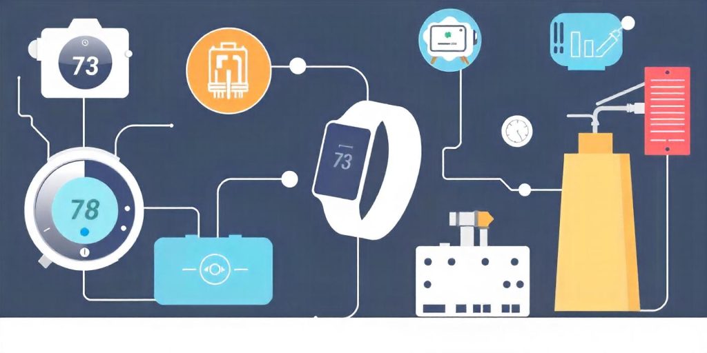 An illustration of various IoT devices including a smart thermostat